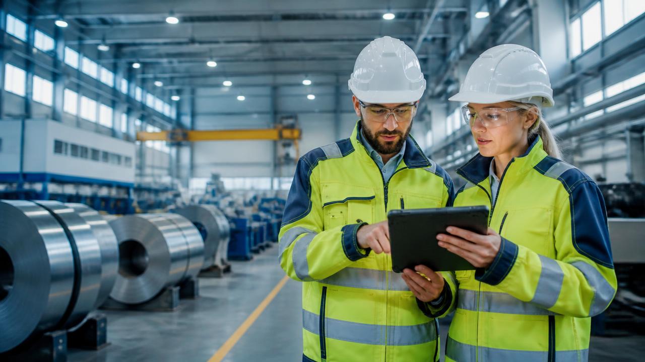 Industrial plant floor with operations leaders reviewing production and supplier data